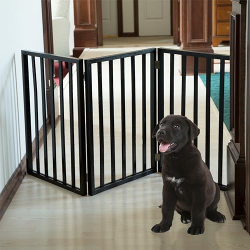 Pet Gate - 3-Panel Indoor Foldable Dog Fence for Stairs, Hallways, or Doorways - 54x24-Inch Wood Freestanding Dog Gates by PETMAKER (Black) - Image 3