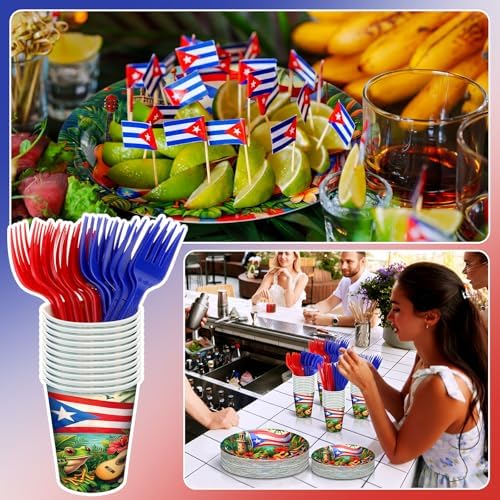 FoldTier 350 Pcs Puerto Rico Party Supplies Disposable Paper Plates Napkins Cups Puerto Rico Theme Birthday Party Decorations Tableware Flag Frog for Holiday Festival Family Friends Serve 50 Guests - Image 4