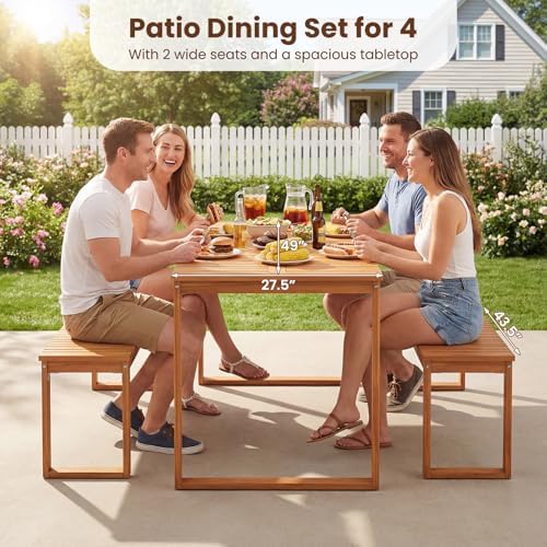 Tangkula 3 Pieces Patio Wooden Dining Set, Acacia Wood Rectangular Picnic Beer Table with 2 Benches for 4 People, Outdoor Dinner Furniture Set for Backyard, Garden and Poolside - Image 4