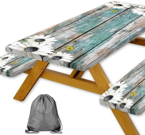 Daisy Flowers Picnic Table Cover with Bench Covers and Bag, Camping Essentials, Wooden Grain Waterproof Windproof, Fitted Tablecloth Cover with Elastic Edge, for Indoor & Outdoor, 3 PCS, 30x60 Inch by Xguatan