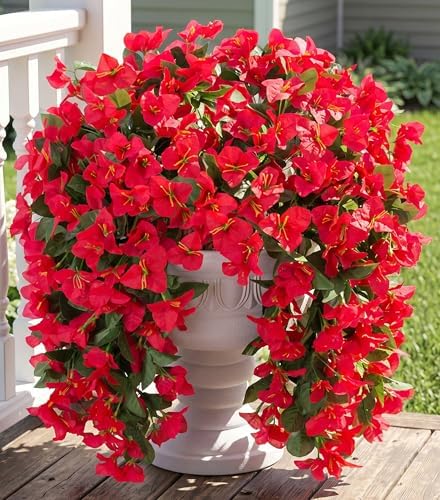Faux Bougainvillea Artificial Flowers Plants for Outdoor Outside Decoration, 2 PCS Red Fake Flowers UV Resistant Look Real Silk Long Trailing Vines for Front Door Porch Planter Urn Patio Garden Yard by INSPRING