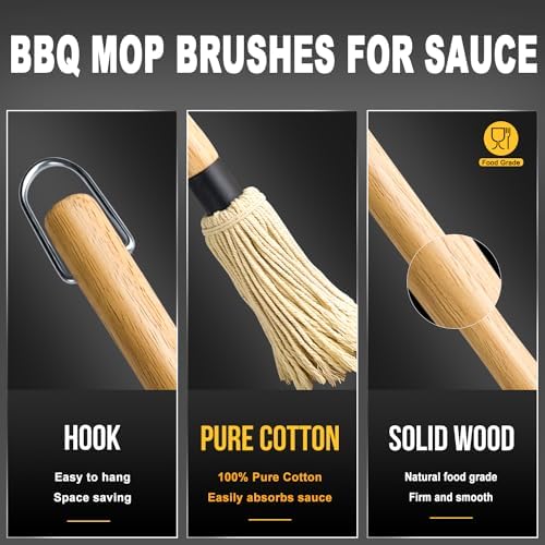 Walfos BBQ Mop Brushes for Sauce, Grilling Basting Mop Wooden Long Handle with 3 Heads, for Grilling, Barbecue, Smoking Steak (18") - Image 4
