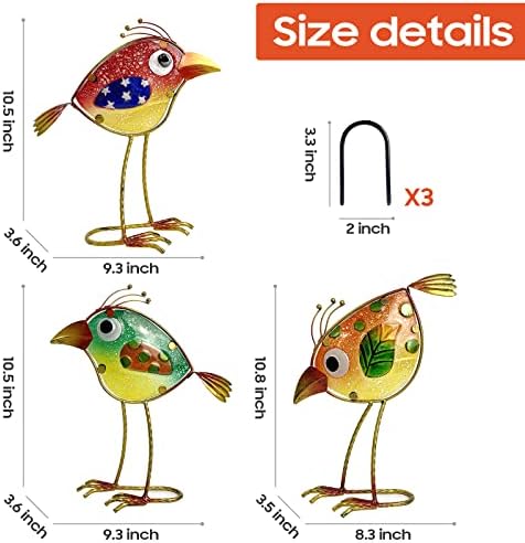 Bird Garden Decor Set of 3 Metal Glass Colorful Gift Outdoor Patio Yard Art - Image 6