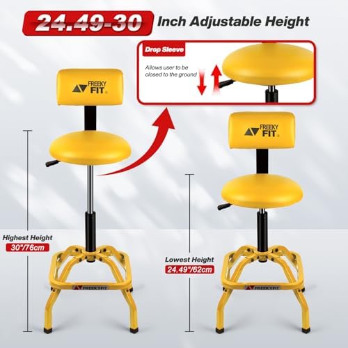 Shop Stool with Backrest, Mechanic Garage Stool for Workshop, Adjustable Shop Stools Chair, Padded Workbench Stools for Men Women, 300 LBS Capacity, 360° Swivel PVC Seat, Heavy Duty, Yellow - Image 2