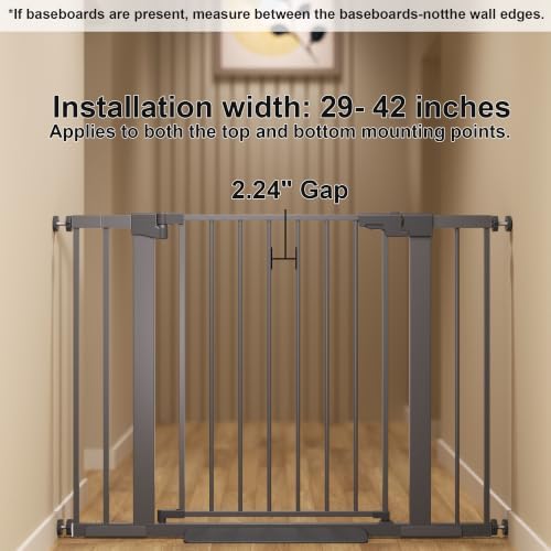 29-42 inches Metal Baby Gate for Stairs/Doorways, 30 inches Tall Pressure Mounted Pet Gates, Auto-Close Child Safety Gate, No Drilling Easy Walk-Through Dog Gate Indoor, Grey - Image 3