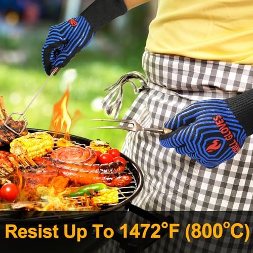 QUWIN BBQ Gloves, Oven Gloves 1472℉ Extreme Heat Resistant, Grilling Gloves Silicone Non-Slip Oven Mitts, Kitchen Gloves for BBQ, Grilling, Cooking, Baking-1 Pair… (Black Blue, One SizeLong Cuff - Image 3