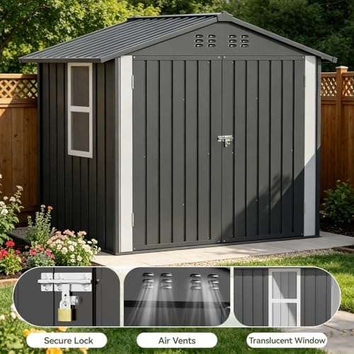 COMHOMA Outdoor Storage Shed with Window,Metal Lockable Garden Toolhouse, Ventilated Weather-Resistant Backyard Utility Workshop for Storage(Light Grey,6x4ft) - Image 4