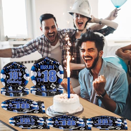 96PCS 18th Birthday Party Paper Plates and Napkins and Forks Set for Blue and Silver Bruh I'm 18 Years Old Party Paper Plates Disposable Decor Happy 18th Parties Set for Teens Birthday Decorations - Image 5