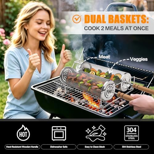 Rolling Grill Basket,Removable Wooden Handle with Condiment Bottle and Stand, 304 Stainless Steel,Nesting BBQ Tools, Smoker Grilling Accessories for Vegetable Shrimp, Birthday Gifts for Men Dad Husban - Image 6