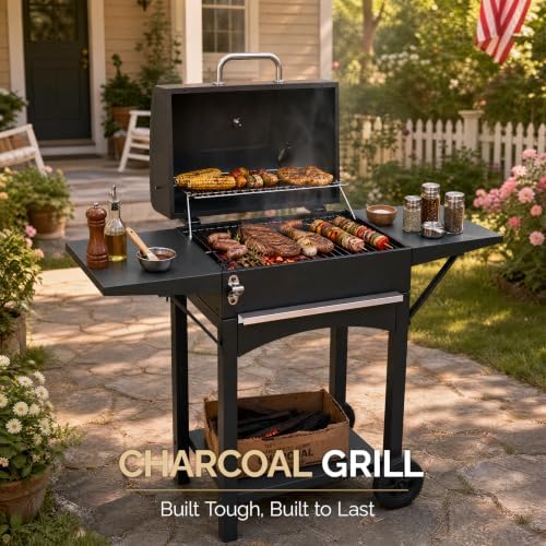 ROVSUN Charcoal Grill with 2 Side Tables, Thermometer and Chimney, Movable Smoker Grill for BBQ, Outdoor Cooking, Camping, Patio Parties - Image 5