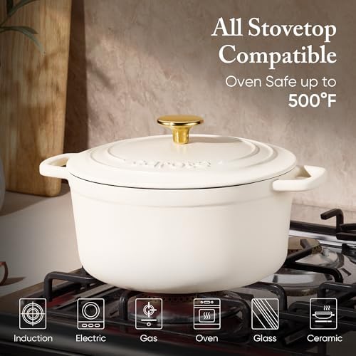 CAROTE Enameled Cast Iron Dutch Oven Pot with Lid, 4 QT Dutch Ovens, Heavy-Duty Cast Iron Pot for Sourdough Bread Baking, Braising, Stews, Roasting, Healthy & Non-Toxic, Dual Handles, All Stovetop Compatible, Oven Safe up to 500° F, Cream White - Image 3