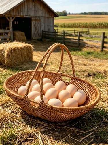 RT&BS Wicker Egg-collecting Basket with Handles, Wicker Bread Basket Oval, Handwoven Fruit Basket with Handles, Reusable Storage Baskets for Living Room, Kitchen, Store, Restaurant, Outdoor (Brown, S) - Image 2