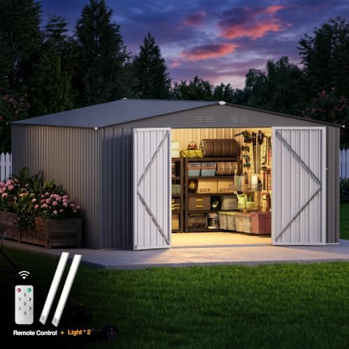 10 x 12 FT Outdoor Storage Shed, Heavy Duty Metal Shed with Lockable Double Door, 2 Magnetic Light, Sloped Roof & Vents for Garden Backyard Lawn, Dark Gray - Image 3
