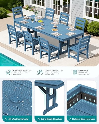 SERWALL 9Pcs 84" HDPE Outdoor Dining Set for 8 with Armless Chairs,Blue - Image 3