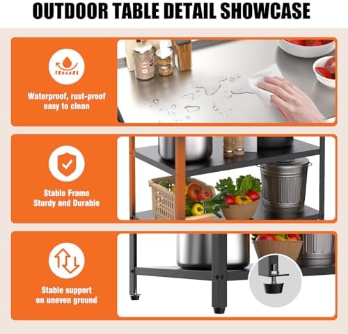 Stainless Steel Outdoor Prep Table, 3-Tier Heavy Duty Outdoor Grill & BBQ Prep Station, Rust-Resistant Utility Table for Patio, Pizza Oven, Garage & Food Prep (No Sink) - Image 5