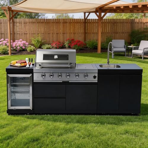 98-Inch 4-Burner Propane Gas Outdoor Kitchen Grill Island - 72000 BTU Stainless Steel BBQ, Refrigerator, Rotisserie, Stainless Countertops, Patio, Lawn, Backyard, Black by Dvasovio