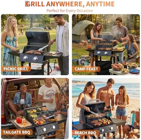 Garvee 2 Burner Propane Gas Grill – 16,000 BTU Stainless Steel Portable BBQ Grill with Top Cover Lid, Wheels, Side Storage Shelves & Hooks for Patio, Garden, Camping - Image 3