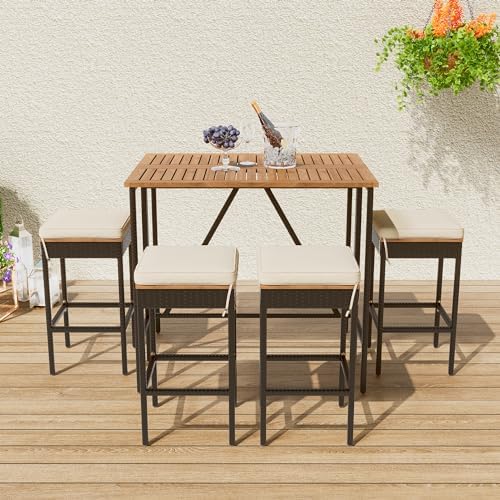 GO 5-Piece Outdoor Acacia Wood Bar Height Table And Four Stools With Cushions, Garden PE Rattan Wicker Dining Table, Foldable Tabletop, High-Dining Bistro Set, All-Weather Patio Furniture, Brown - Image 2