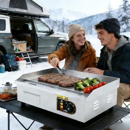 Garvee 18in Commercial Electric Flat Top Griddle Non-Stick for Breakfast Bars, Countertop Flat Top Grill with 2 Shovels and 2 Brushes for Roadside Stands, 122℉-572 ℉ Adjustable Temp by Garvee