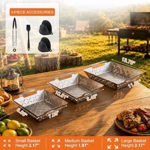3 PSC Grill Baskets for Outdoor Grill, Stainless Steel Vegetable Basket Set - Image 2