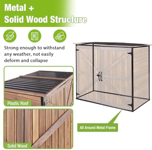 GUTINNEEN Weatherproof Outdoor Trash Can Shed, Outdoor Storage Shed with Strong Metal Frame, Wooden Garden Sheds with Adjustable Shelves and Removable Floor - Image 2