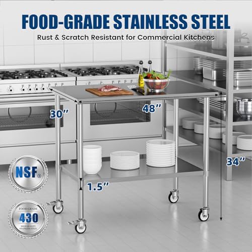 Stainless Steel Work Table with Wheels, 30x48 Inch NSF Kitchen Prep Table with Adjustable Undershelf for Commercial Restaurant, Garage, Outdoor BBQ - Image 3