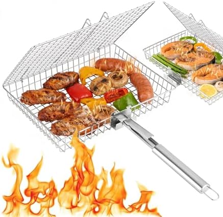 Grill Basket Set for Outdoor Grilling - Large Capacity Fish Grill Basket & Grilling Rack - Food Grade Stainless Steel Portable Flat Basket with Removable Handle for Vegetables, Shrimp & Camping (XL+L) by RTT