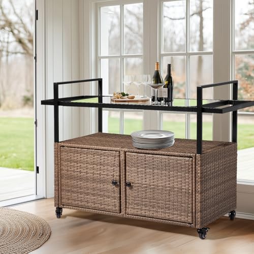 VINGLI Outdoor Storage Cabinet with Wheels, Waterproof Woven Rattan with Double Magnetic Doors, Mobile Multi-Purpose Cabinet for Storage, Buffet Server, Bar Table, Potting Bench (Glass Top) - Image 3
