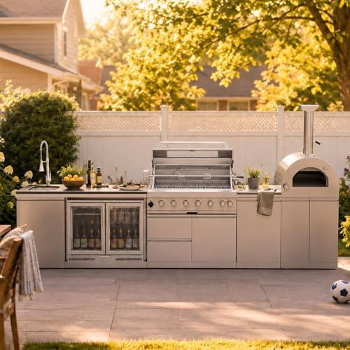 147" Modular Outdoor Kitchen,120,000 BTU Stainless Steel Natural Gas BBQ Grill with Built-In Pizza Oven,Rotisserie,Double Door Refrigerator,Granite Countertop,Storage Drawers & Cabinets. - Image 3