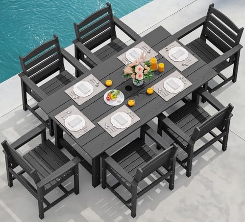 SERWALL 7 Pcs Outdoor Dining Set, 67" HDPE Dining Set for 6, Black by SERWALL