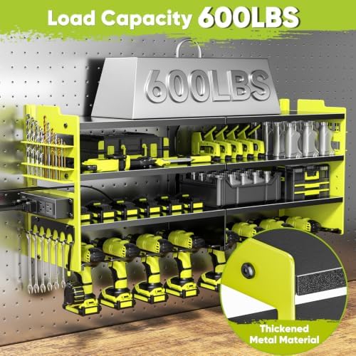 POKIPO Upgrade Power Tool Organizer Wall Mount with Charging Station,4 Layer Heavy Duty Metal Storage Rack Loads 600lbs with 8 Cordless Drill Holder,4 Outlet Power Strip Battery Utility Rack for Man - Image 5