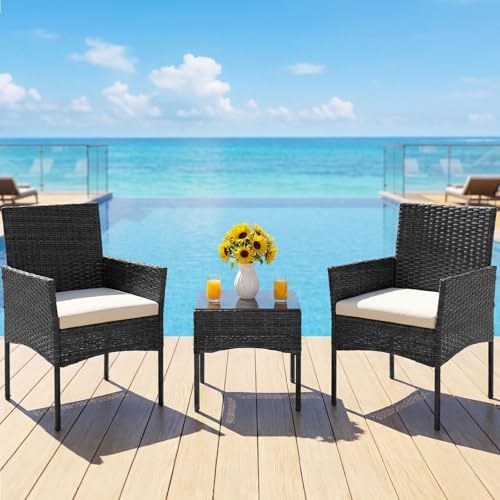 DUMOS Patio Furniture Set 3-Piece, Outdoor Wicker Bistro Set, Black - Image 2