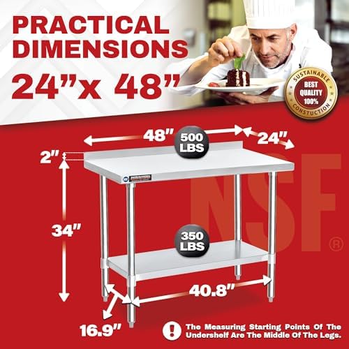 DuraSteel NSF Commercial Kitchen Table - 24 x 48 Inch Cooking Prep Stainless Steel Kitchen Island Workstation w/ Adjustable Under Shelf - Heavy Metal Backsplash Workbench For Restaurant, Home, Garage - Image 3