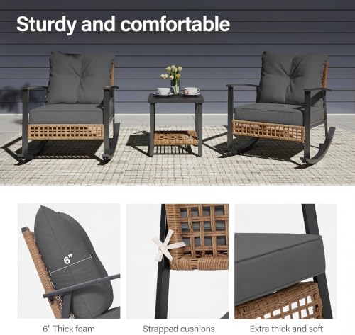 LAUSAINT HOME 3-Piece Rocking Bistro Set, Outdoor Patio Furniture with Thick Cushions and 2-Tier Coffee Table, Oversize Rattan Conversation Set for Garden, Balcony, Backyard (Grey) - Image 5
