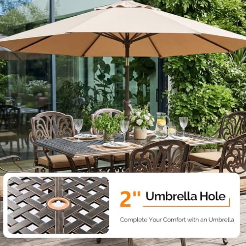 VINGLI 7 Pieces Outdoor Dining Set, Cast Aluminium All-Weather Patio Dining Set for 6 with Umbrella Hole, Outdoor Dining Table and Chairs with Cushion for Yard, Garden, Porch and Poolside, Bronze - Image 4