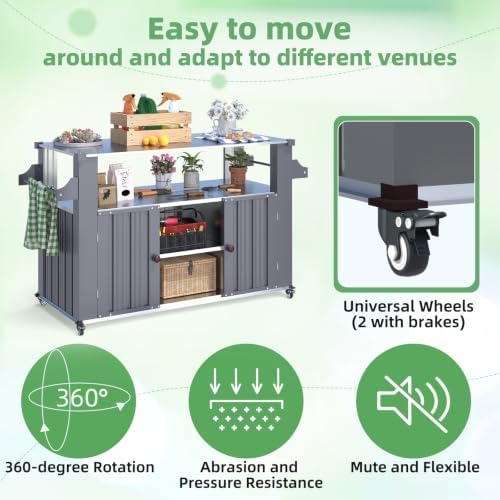 AECOJOY Outdoor Grill Cart with Stainless Steel Top, Outdoor Kitchen Island with Wheels, BBQ Prep Table, 2-Tier Storage Cabinet, Rolling Utility Station for Patio in Dark Grey - Image 3