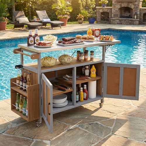 LUMISOL Grill Cart with Foldable Stainless Steel Top, Mobile Outdoor Kitchen Island with Storage Cabinet and Towel Rack, Espresso+Grey by LUMISOL