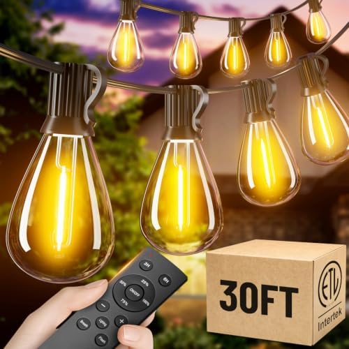 30FT Outdoor String Lights with Remote, Waterproof Patio Lights with 10+1 Shatterproof LED Bulbs,Dimmable Hanging Decor for Backyard Garden Porch Bistro, Timer & 3 Modes,2700K Warm White by AMZRAP