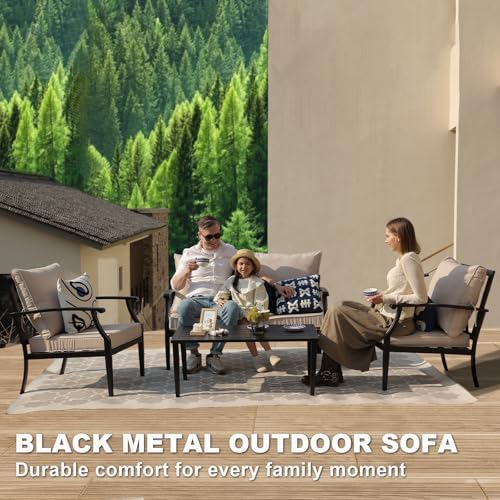 4-Piece Patio Furniture Set, Wider Outdoor Metal Seating Sofa with High Back & Lovsest, Coffee Table, All Weather Conversation for Backyard, Poolside, Deck-Beige - Image 4