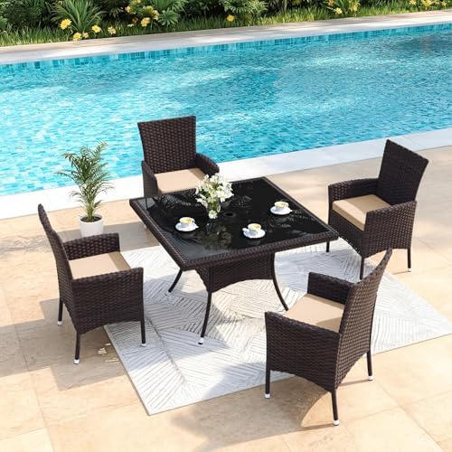 Gotland 5 Piece Outdoor Dining Set, All-Weather Rattan Patio Furniture Set with Umbrella Hole Tempered Glass Square Table, Outdoor Table and Chairs with Removable Cushions for Backyard, Deck, Sand by Gotland