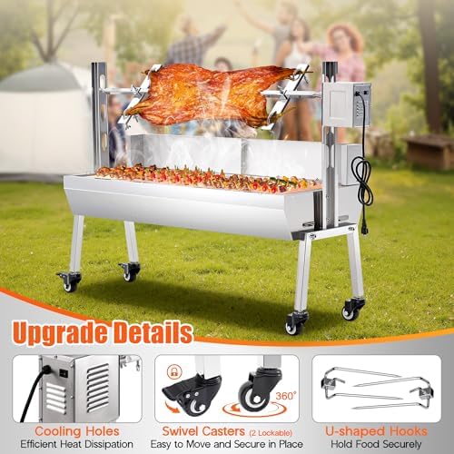 Jocisland Electric Rotisserie Grill Kit with Windscreen, 47.5" Height-Adjustable Charcoal Roaster, 132 Lbs Capacity, 45W Motor, Stainless Steel Spit with Lockable Wheels for Outdoor Camping - Image 6