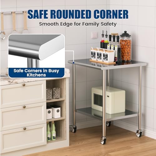 Stainless Steel Work Table with Wheels, 30x30 Inch NSF Kitchen Prep Table with Adjustable Undershelf for Commercial Restaurant, Garage, Outdoor BBQ - Image 5