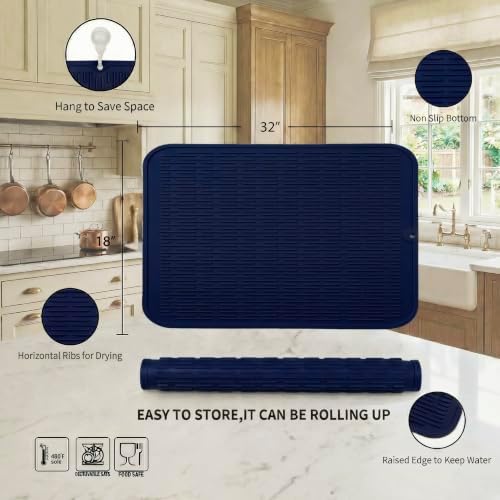 MicoYang Silicone Dish Drying Mat for Multiple Usage,Easy clean,Eco-friendly,Heat-resistant Silicone Mat for Kitchen Counter or Sink,Refrigerator or Drawer Liner Navy Blue 4XL 32 inches x 18 inches - Image 2