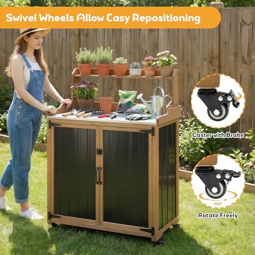 Potting Bench with Storage & Wheels, Mobile Outdoor Cabinet for Garden - Image 3
