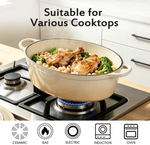 Enameled Dutch Oven Pot with Lid, 7 QT Cast Iron Dutch Oven with Dual Handles, Oval Dutch Oven for Cooking, Bread Baking, Frying, Non-stick Enamel Coated Oven (Caramel White) - Image 5
