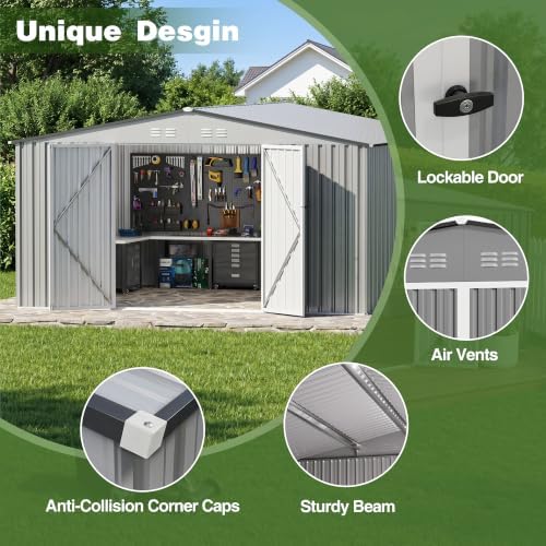 10 x 12 FT Outdoor Storage Shed, Heavy Duty Metal Shed with Lockable Double Door, Sloped Roof & Vents for Garden Backyard Lawn,Gray - Image 3