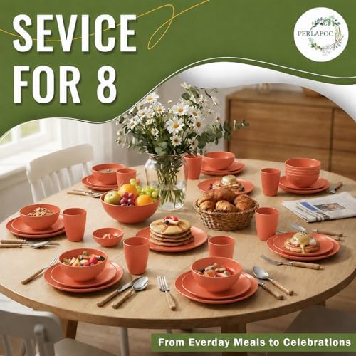 Wheat Straw Dinnerware Sets for 8, 40 Piece Unbreakable Dinnerware Set, Plates and Bowls Sets, Kitchen Plates and Bowls Set, Lightweight Dish Set for Home, Camping, and Everyday Use- Orange - Image 7