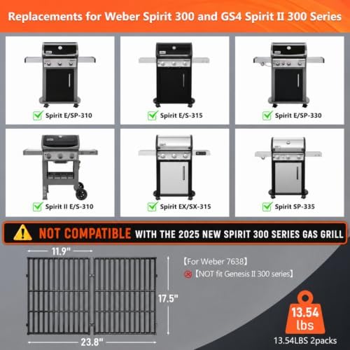 17.5" Grill Grates for Weber Spirit 300, Grill Parts for Weber Spirit E310 & GS4 Spirit II 300 Series, Spirit II E310, Spirit 2 E310, Genesis Silver/Gold B & C,Porcelain Enameled Cast Iron Grate 7638 - Image 3