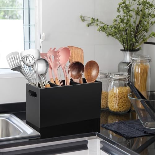 ALELION Black Kitchen Utensil Holder for Countertop - Wooden Large Utensil Caddy Organizer for Counter - 3 Compartment Cooking Utensil Crock for Silverware Spoon Spatula - Image 4