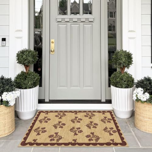 Floral Entry Rug - 28" x 43" Front Door Mat Indoor Outside Entrance Non-Slip Washable Outdoor Mat Jute-Look Burgundy Scalloped Rug for Entryway Kitchen Mudroom Layered Doormat for Front Porch - Image 7